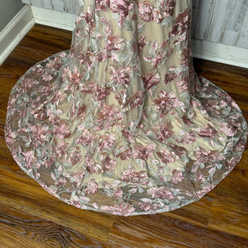 Mac Duggal Floral Embroidered Nude Rose Illusion Long Sleeve Trumpet Size 14 NEW - Picture 13 of 16